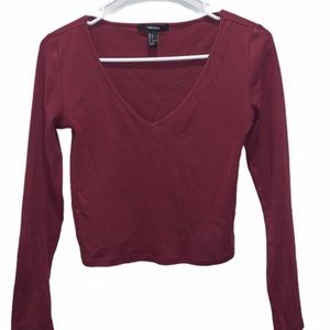 forever 21 burgundy long sleeve v-neck crop shirt
